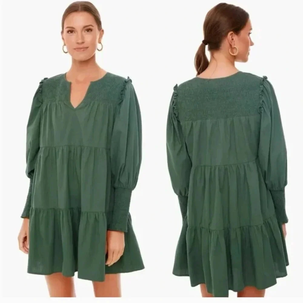 Pomander Place Tuckernuck Ceci Dress Smocked Tiered Long Sleeve Jaguar Green XS